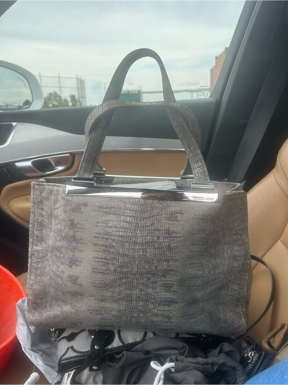 Michael Kors Gray Textured Tote with Silver Trim